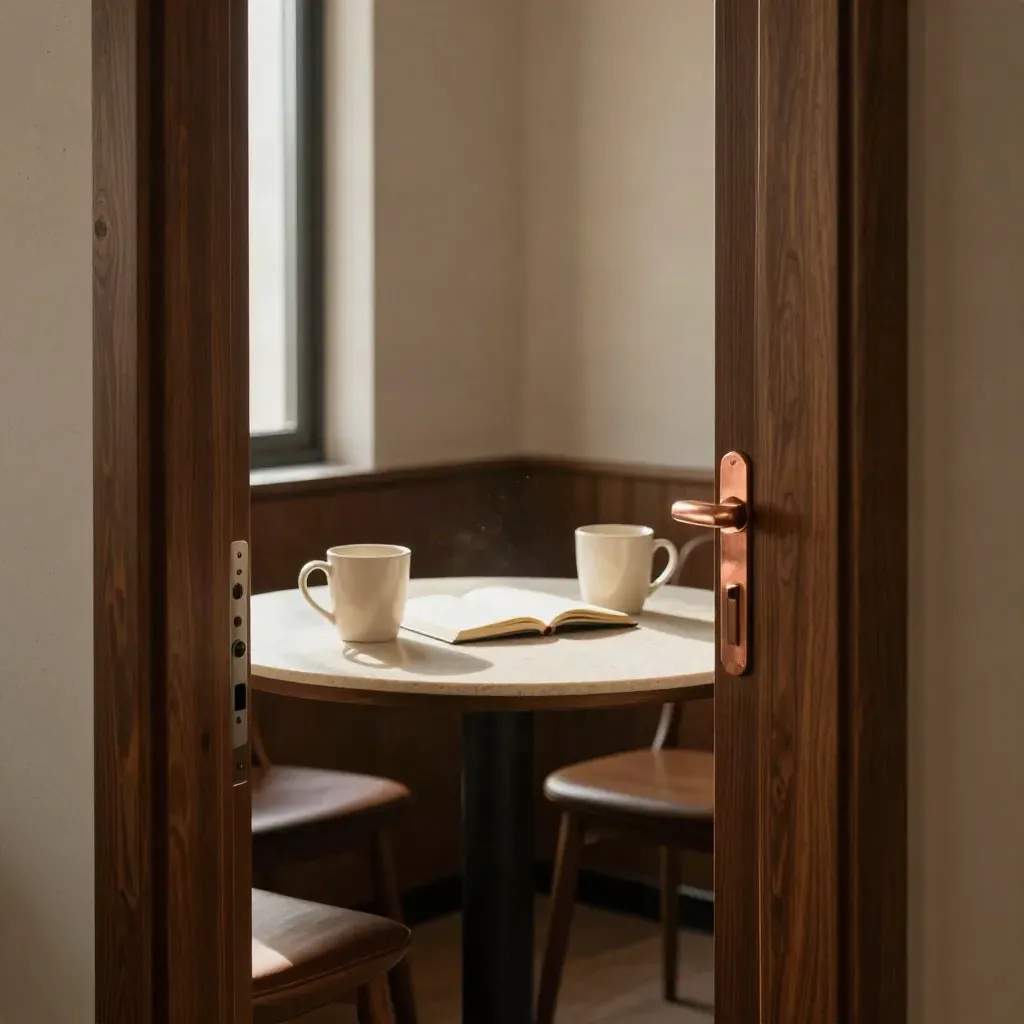 Hallway view into a quiet meeting room with mugs and a face-down notebook