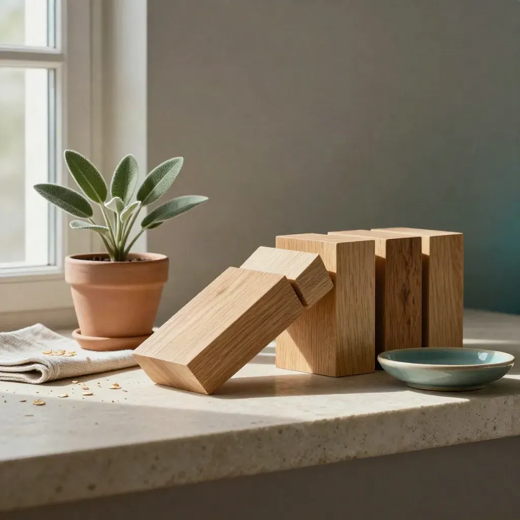 Wooden blocks out of alignment with plant, cloth and ceramic dish on a stone shelf.